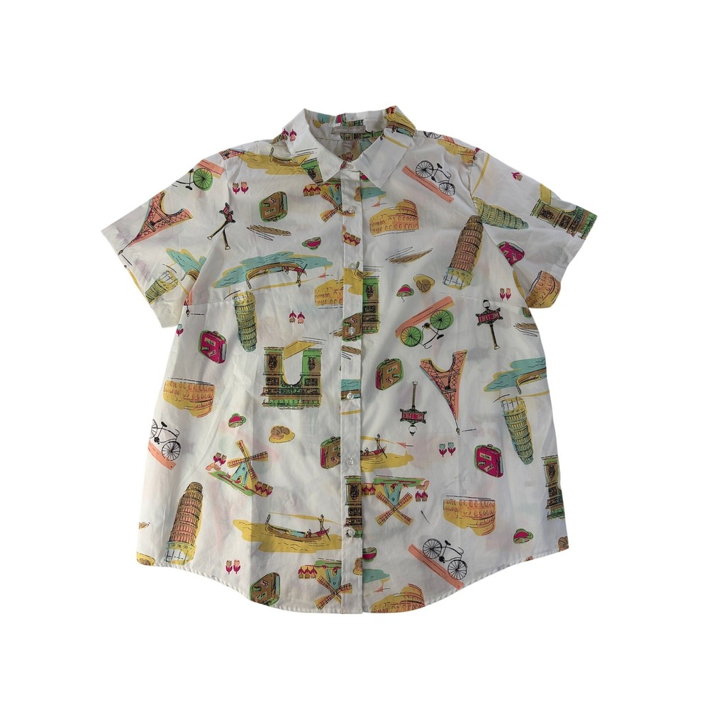 Woman Within Button Down Shirt Paris Italy 18/20 L Travel Print Short Sleeve